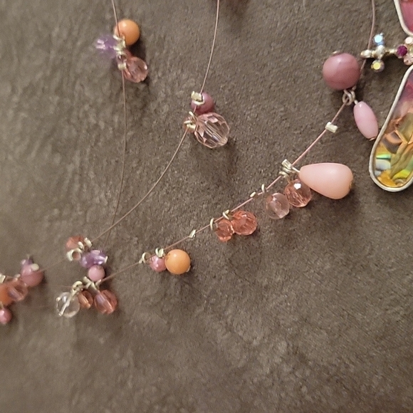 Pink Dragonfly Pendant Beaded Floating Station Fairycore Necklace Earrings Set - Picture 3 of 6
